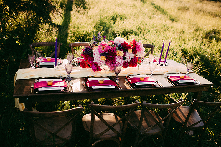 romantic pink wedding tables - http://ruffledblog.com/vibrant-boho-wedding-inspiration-with-a-bright-green-bus