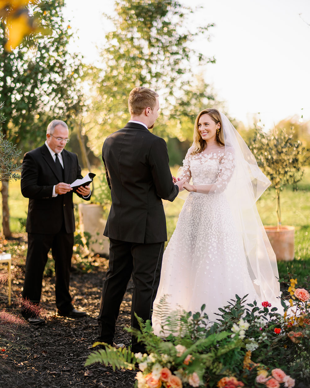 Backyard Flower Aisle Wedding With A Canary and Lichen Palette