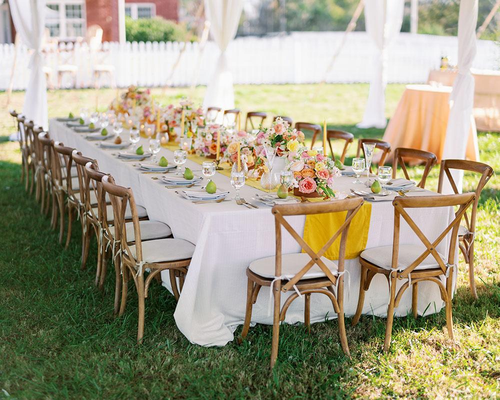 Flower Aisle Wedding Canary Lichen Hues Backyard Wedding