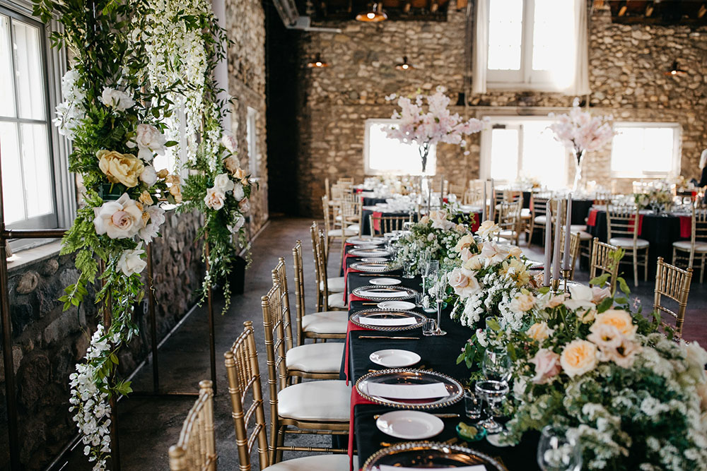 modern glam wedding reception at a chateau style venue in Michigan