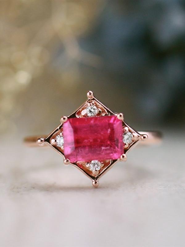 pink emerald cut engagement ring