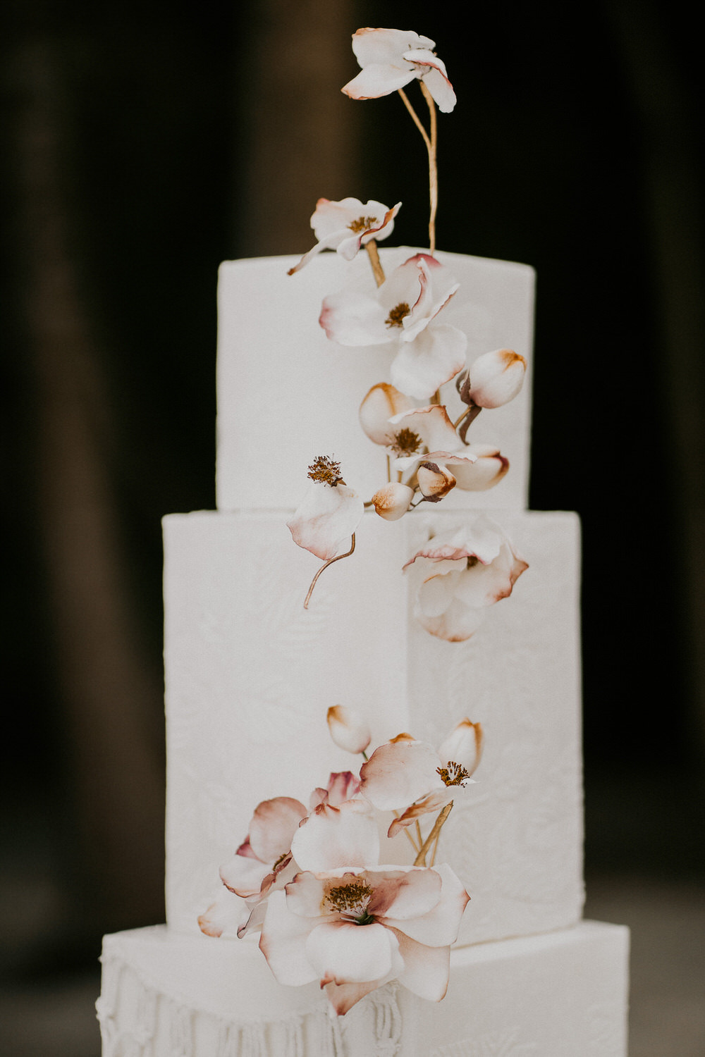 tiered wedding cake with pink hued orchids 