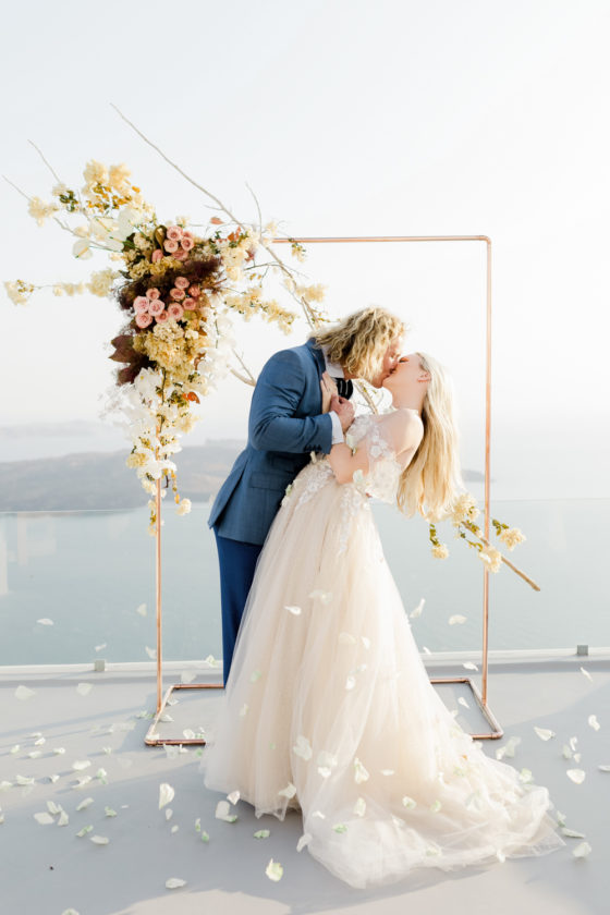 Modern Santorini Elopement with Hand-Painted Anthuriums