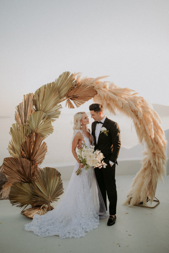 Intimate Destination Wedding in Santorini Bursting with Pampas Grass