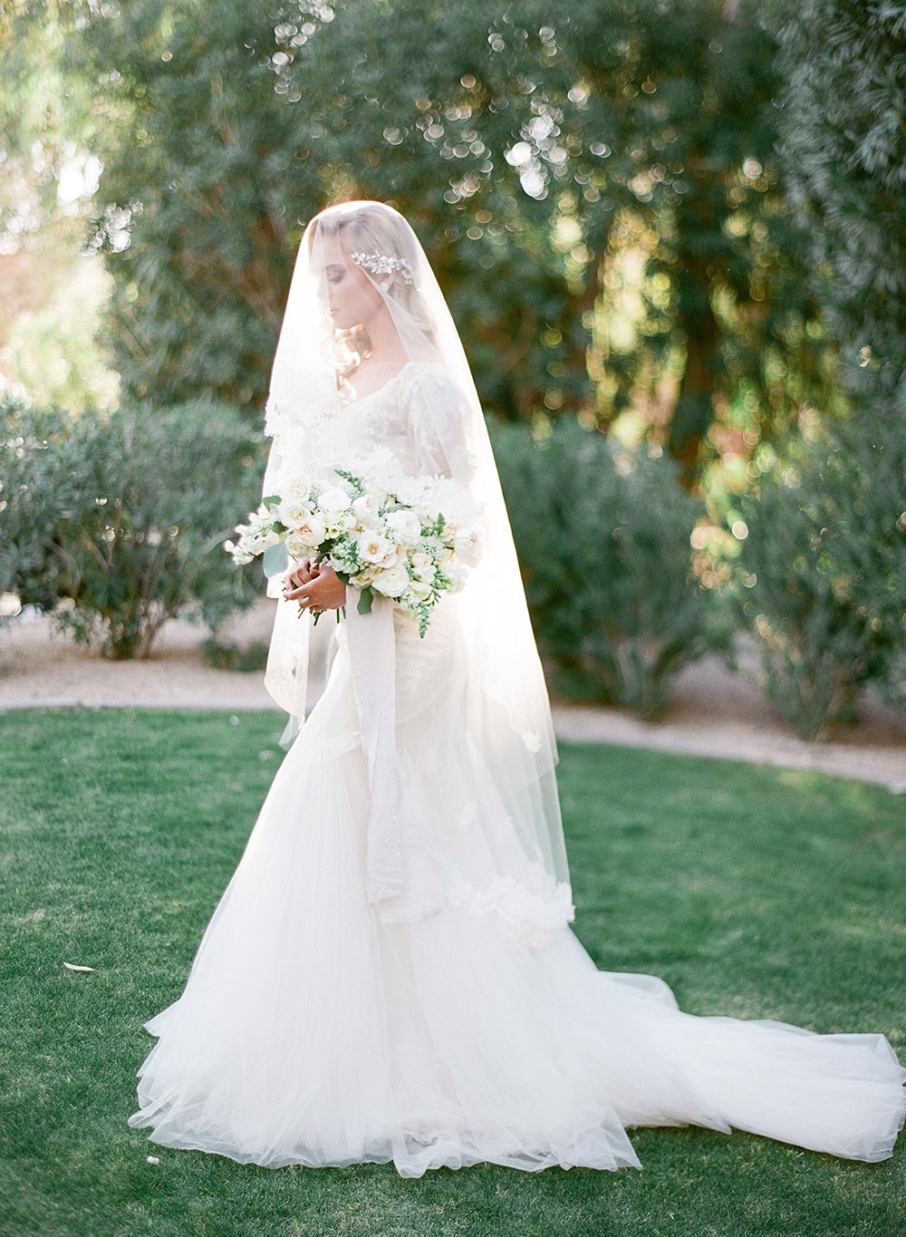 soft veil and old hollywood wedding dress