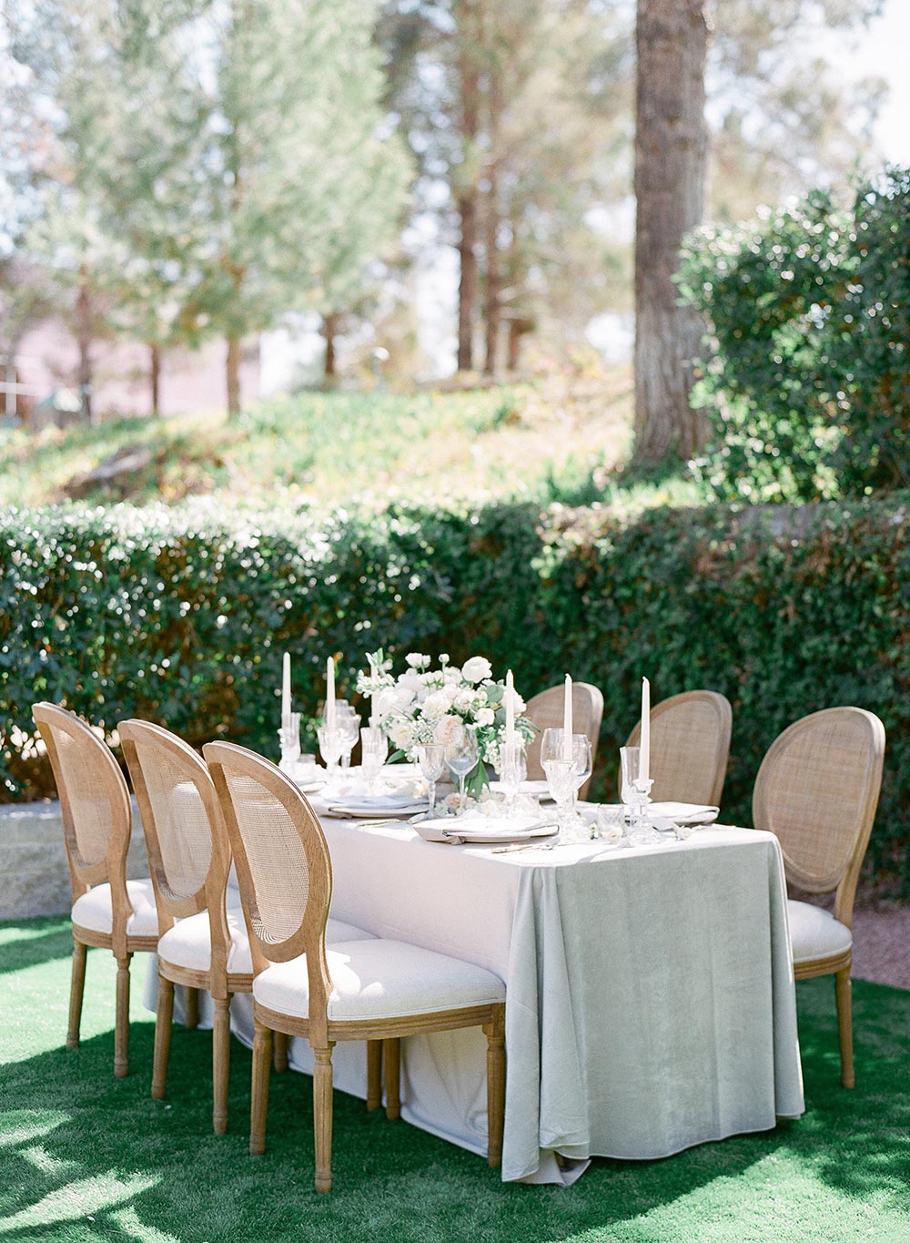 intimate garden wedding tablescape lush grey velvet table linen