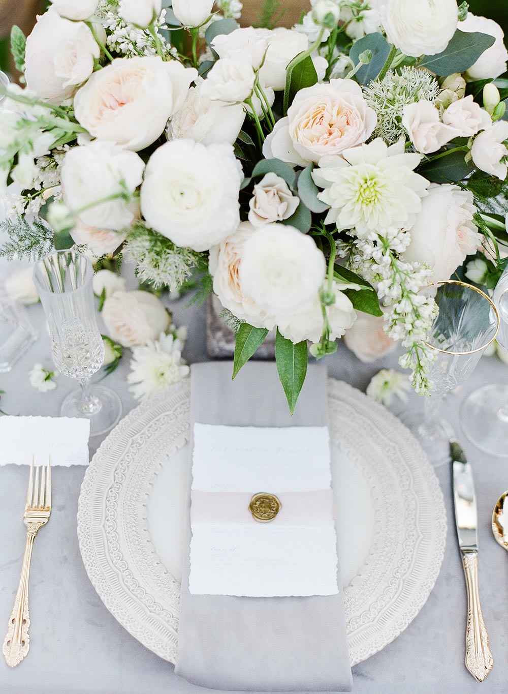 romantic wedding place setting pink and grey with gold wax seal