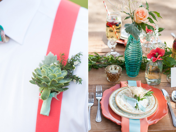 succulent boutonniere - photo by Rebecca Ellison Photography https://ruffledblog.com/coral-and-mint-dallas-wedding