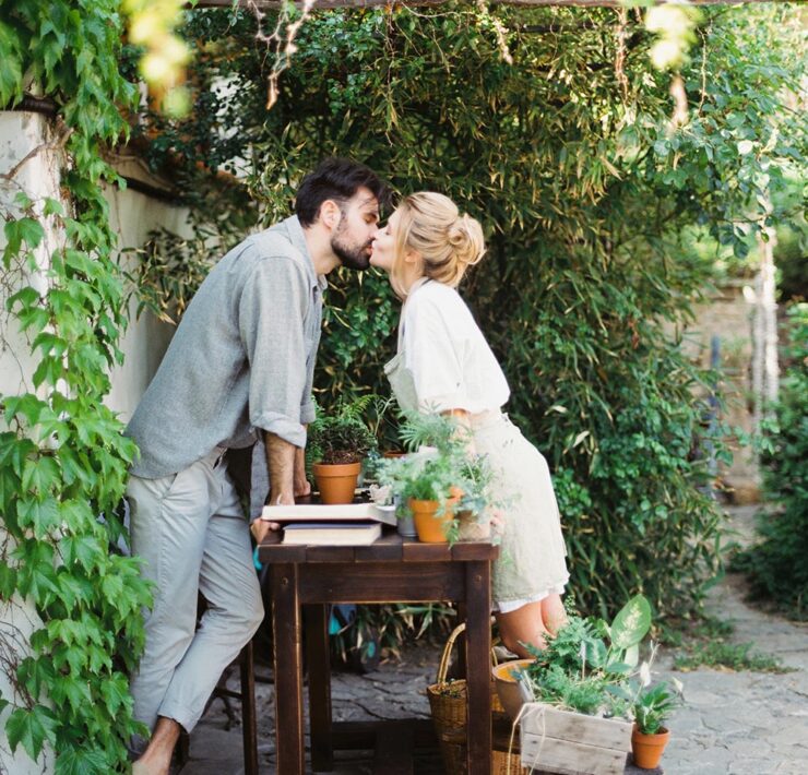 gardening engagement session potted plants