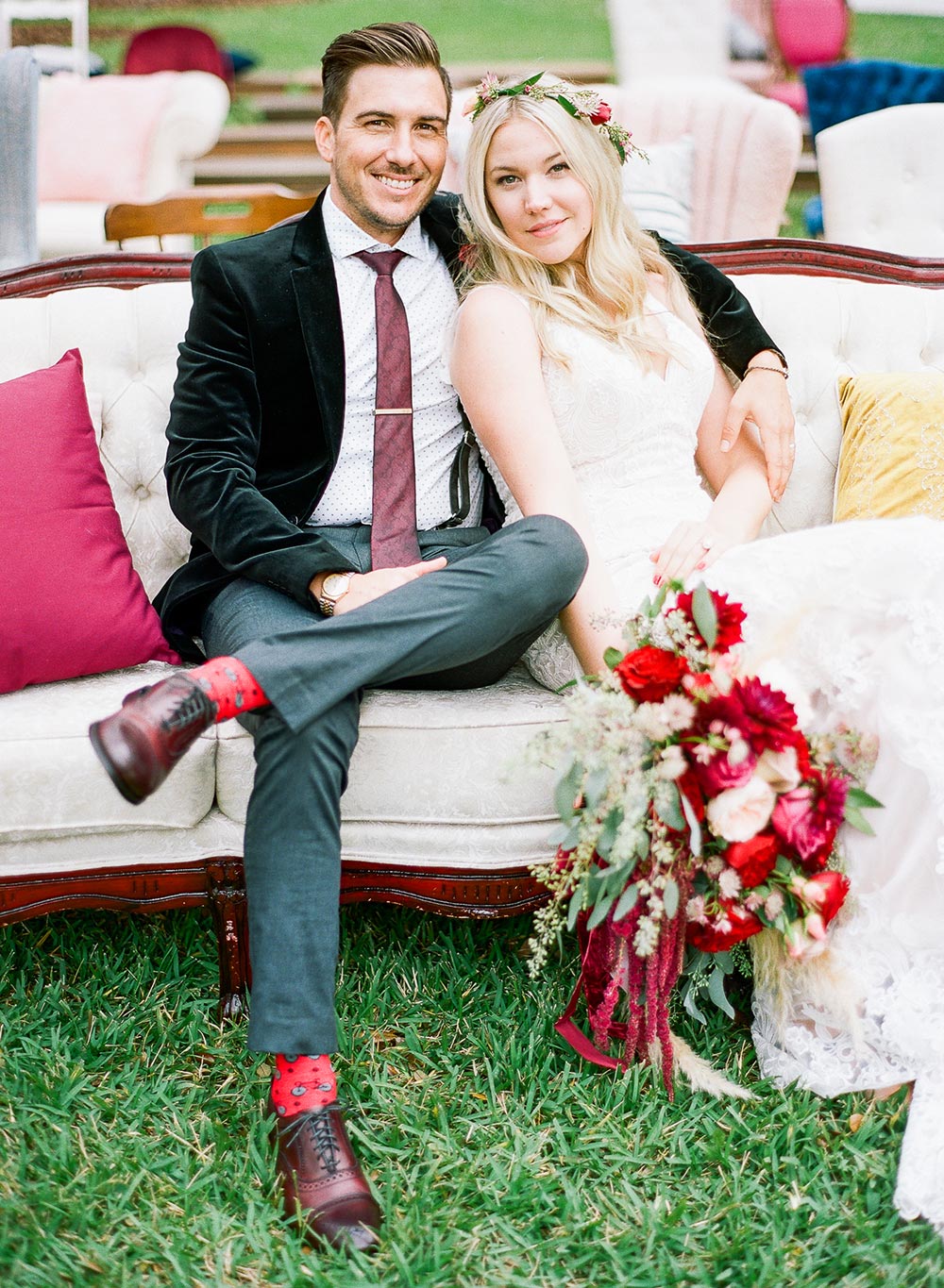 bride and groom eclectic wedding with vintage furniture