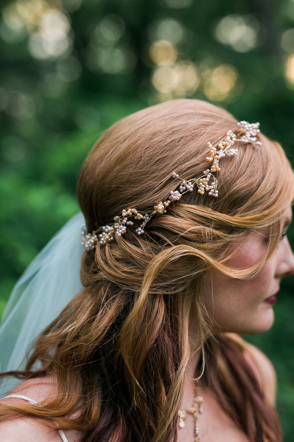 embellished wedding hair accessories - photo by Katie Ricard Photography https://ruffledblog.com/dramatic-woodland-wedding-inspiration-with-burgundy-accents