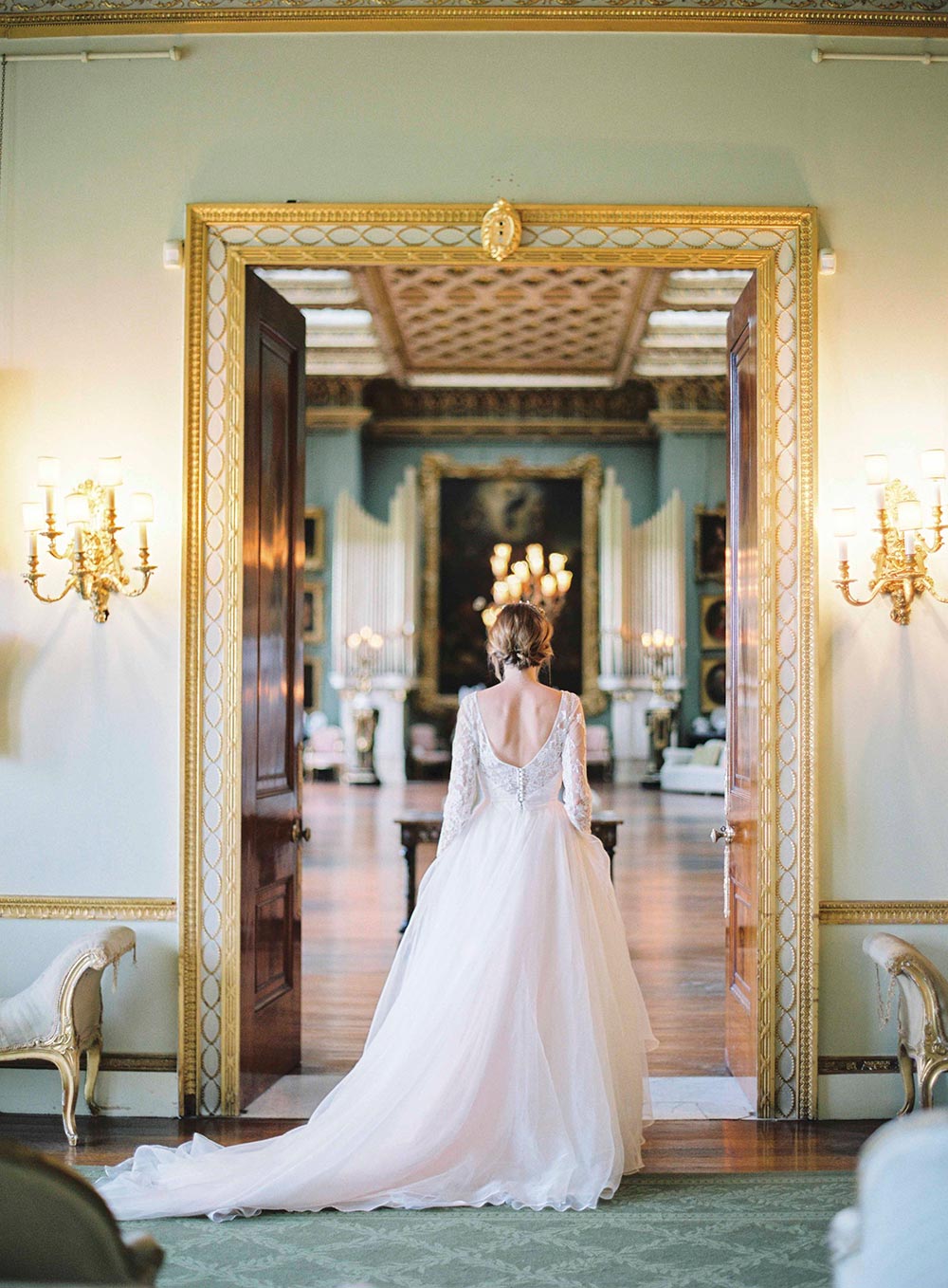 estate wedding long sleeve lace gown with tulle skirt