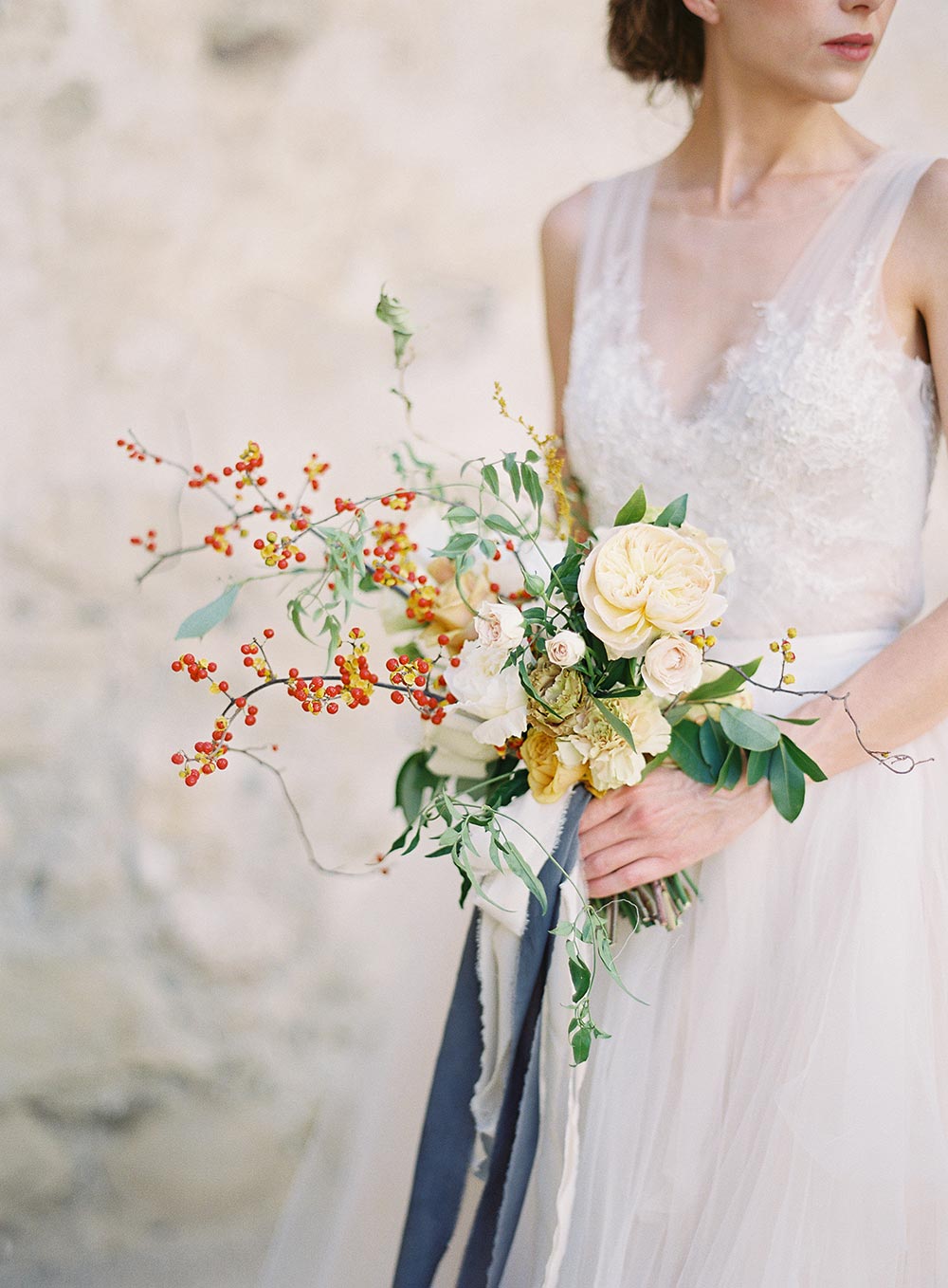 natural cream bridal bouquet with berry stems