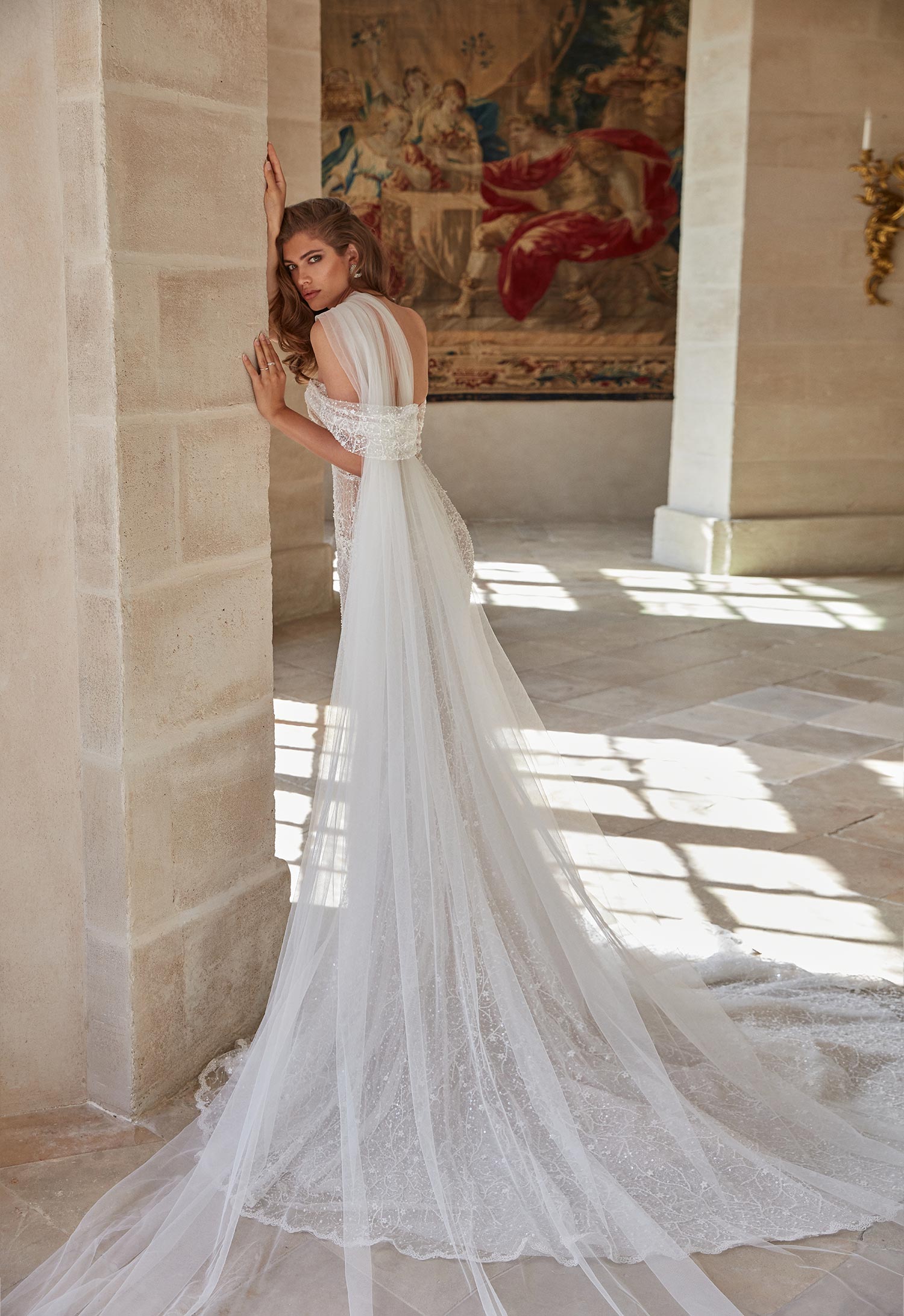 Off the shoulder outlet cape wedding dress