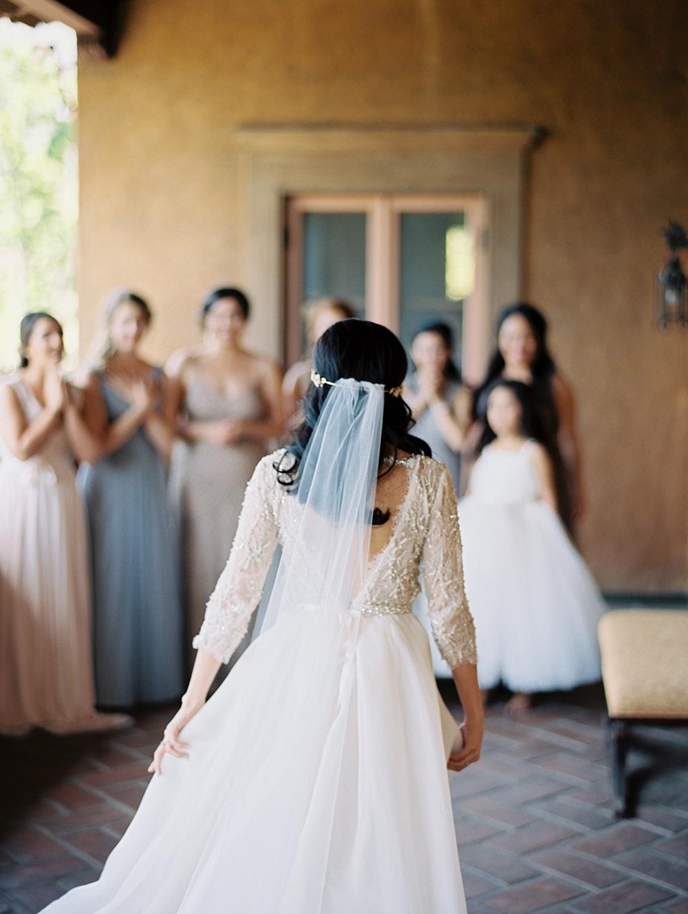 embellished long sleeve wedding dress and simple BHLDN veil