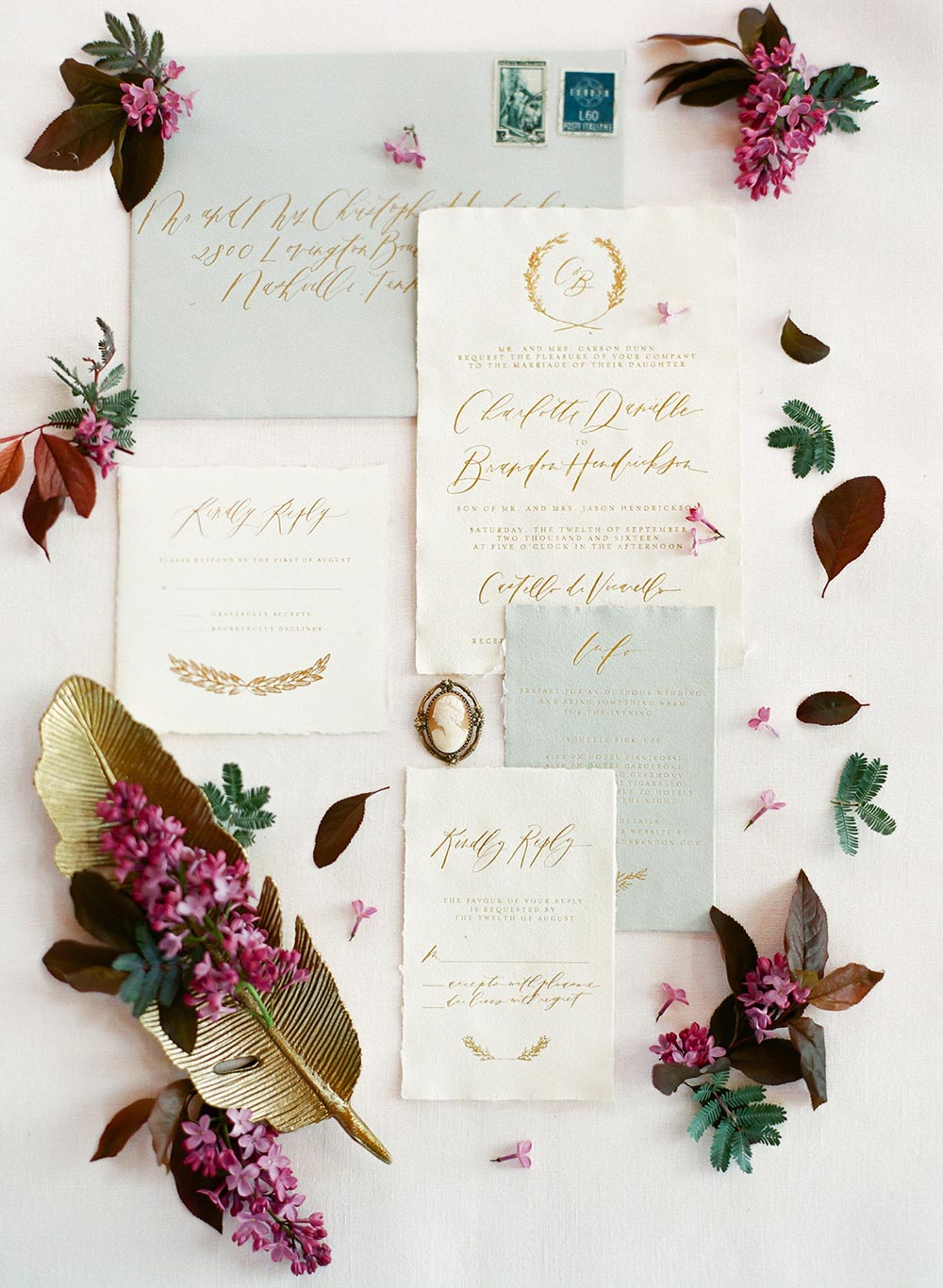 fine art wedding invitations with gold and pale blue