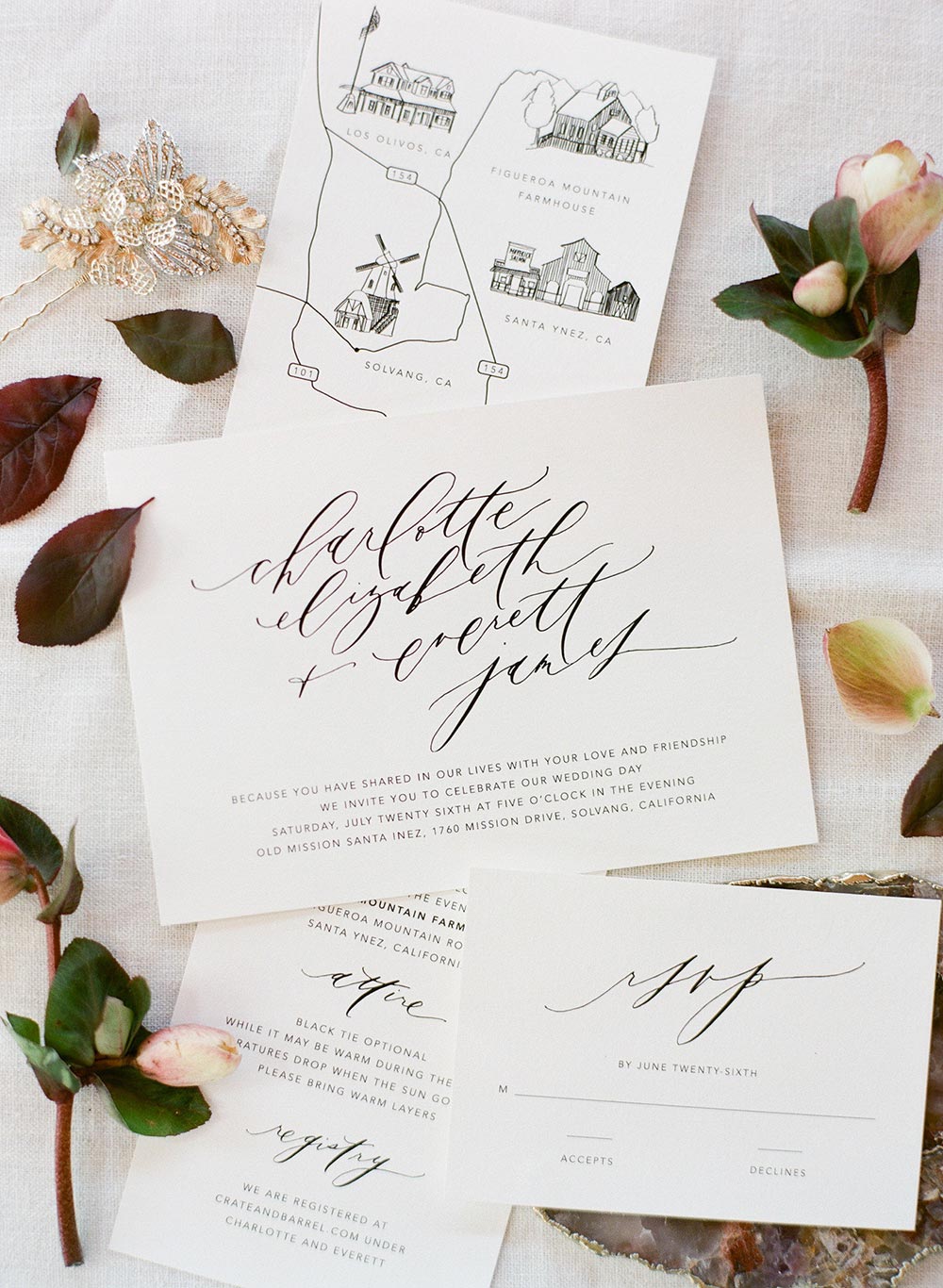 modern handwritten calligraphy wedding paper goods with illustrated map