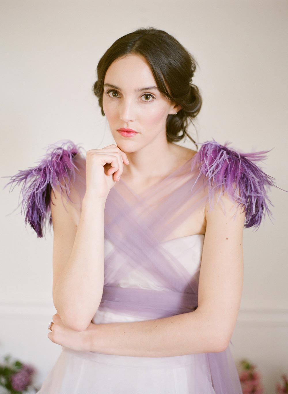 lavender wedding dress with feathers and tulle