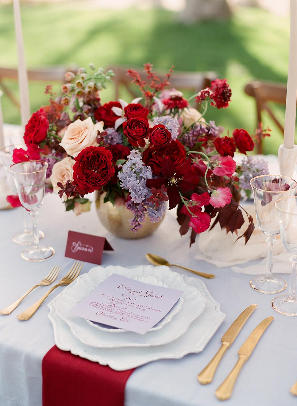 burgundy centerpiece outdoor vineyard wedding