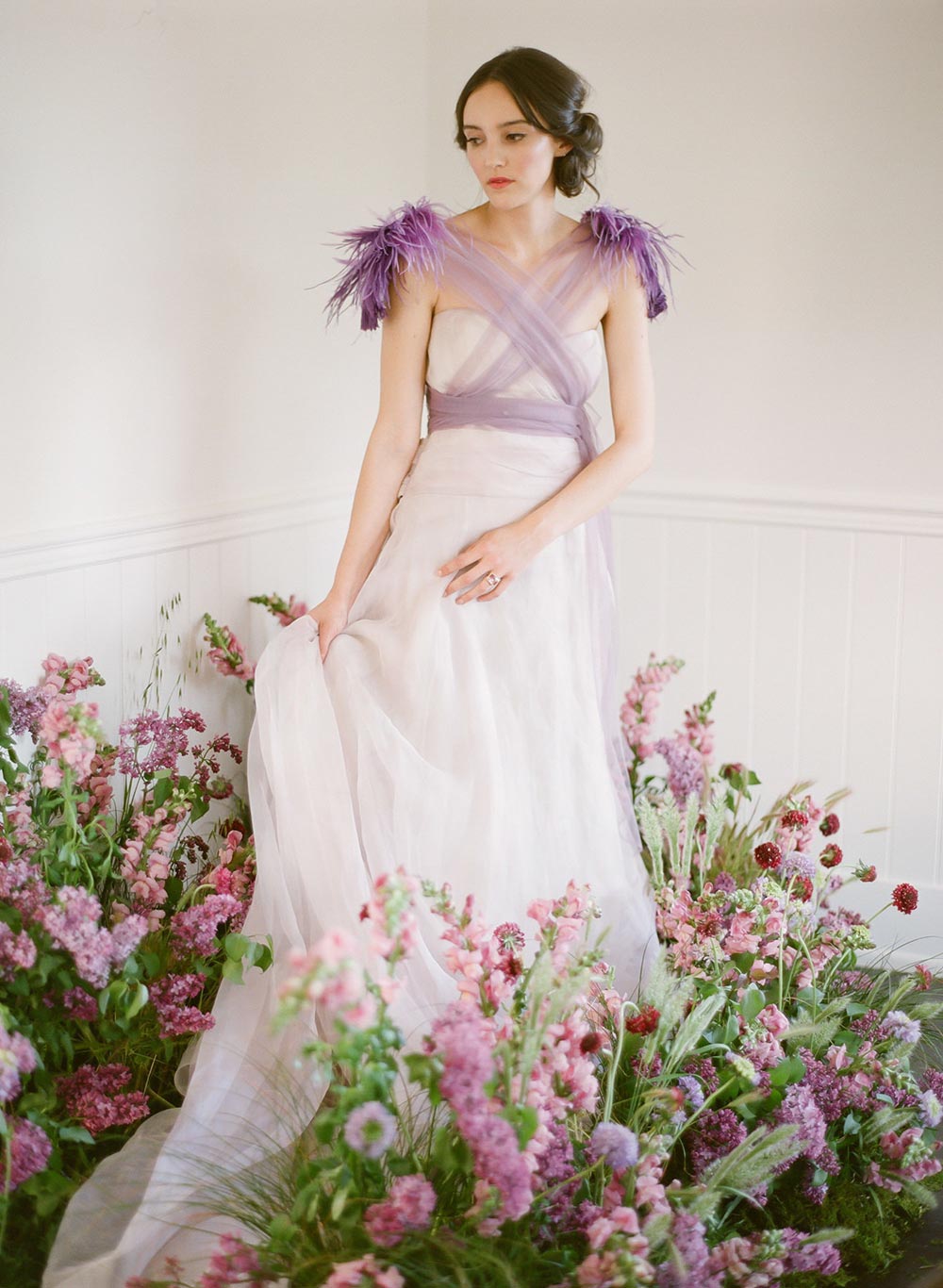 lavender wedding dress with feathers and tulle
