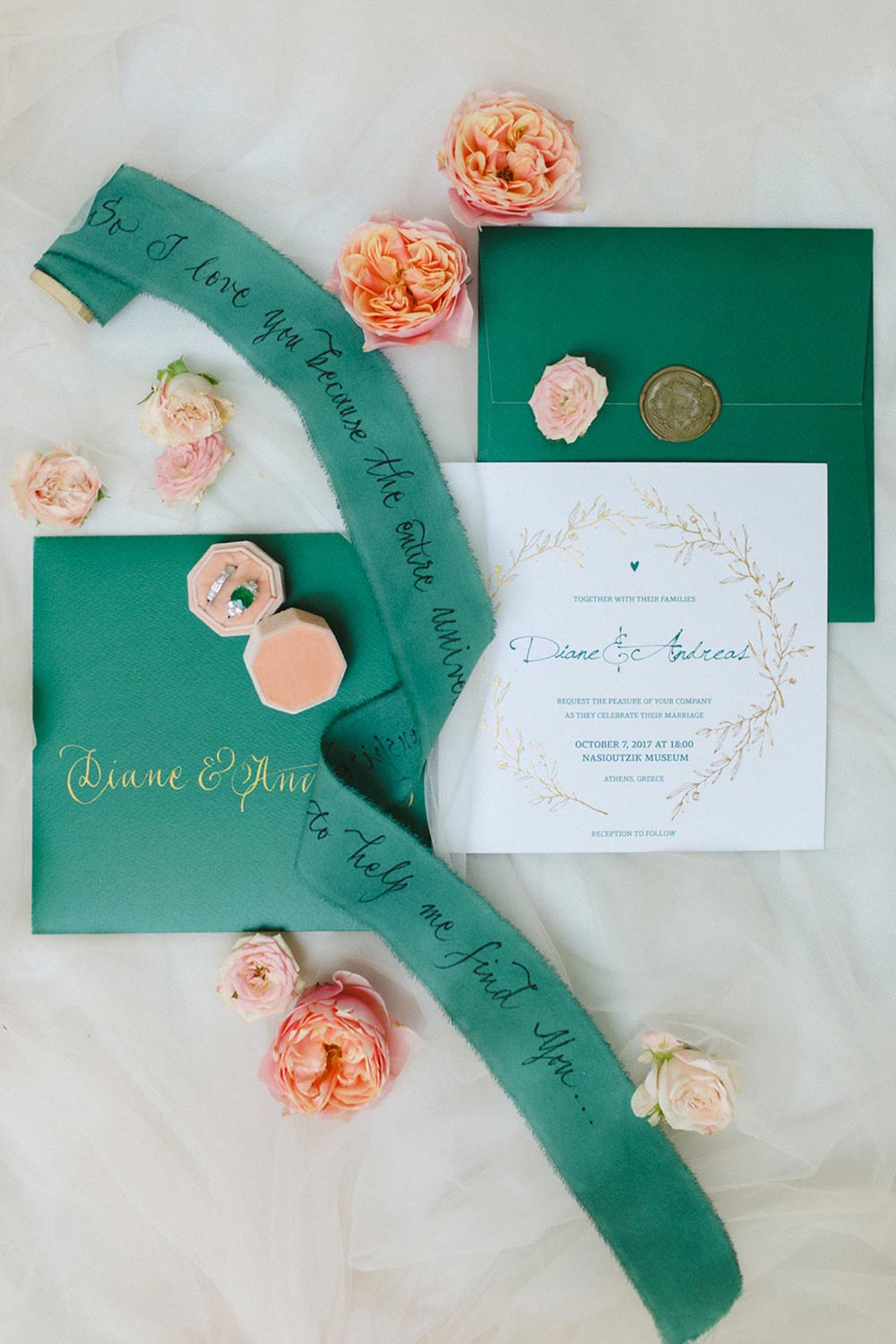 emerald and peach wedding invitation suite