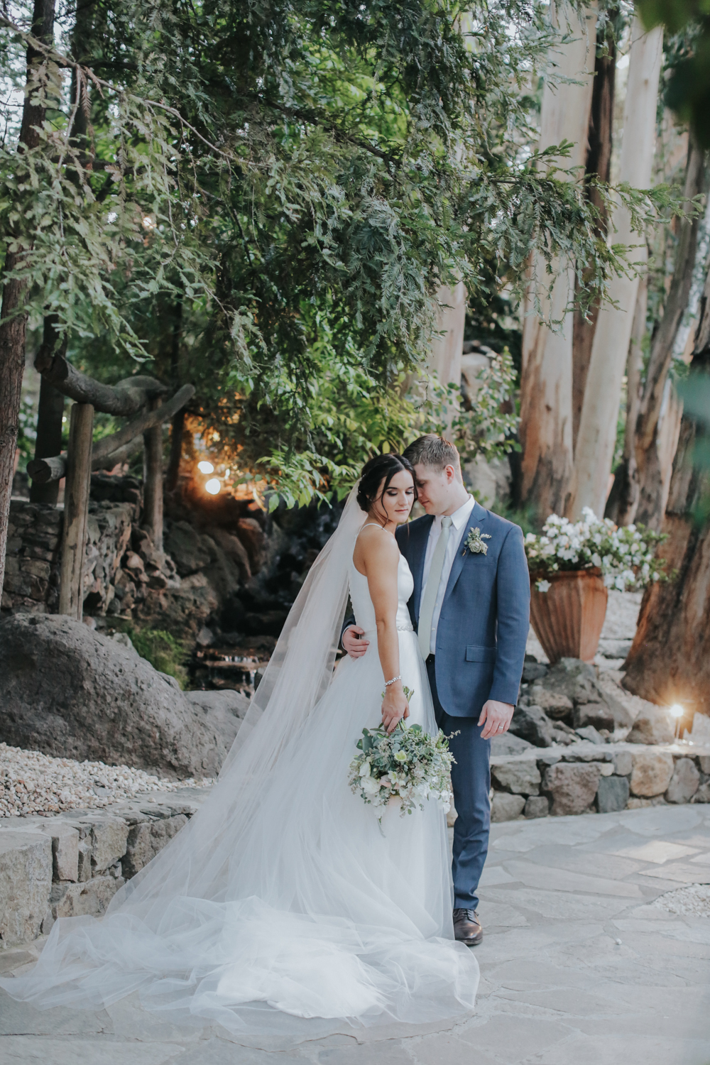 two piece wedding dress tulle skirt and dark gray groom suit