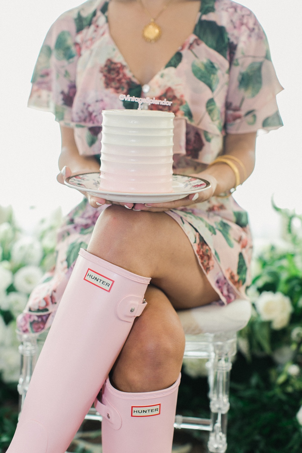 bridal shower fashion with matching pink rain boots and mini cakes