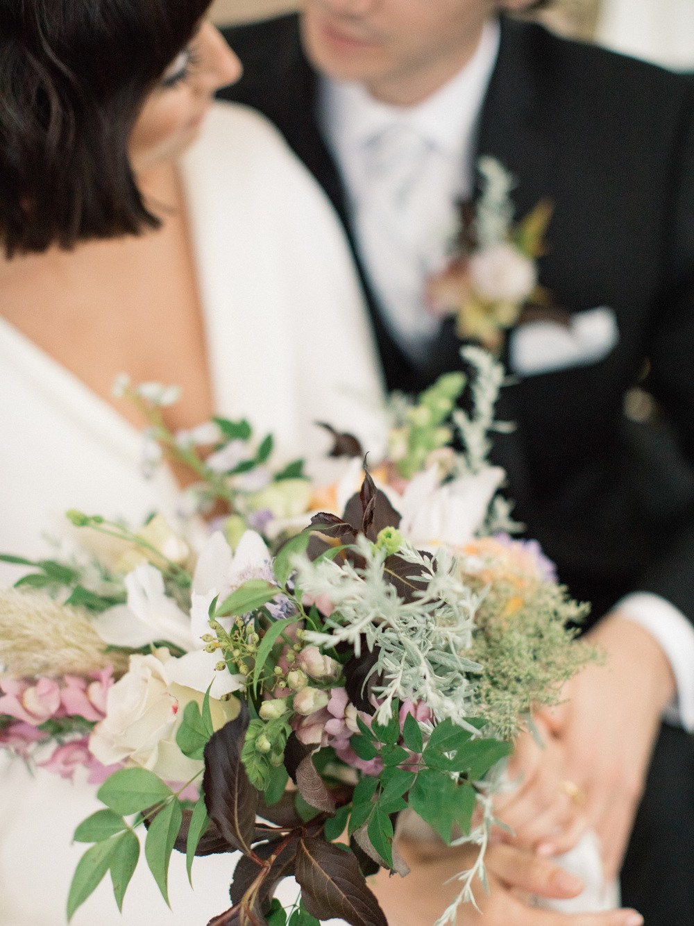 yellow and purple bridal bouquet with pampas grass