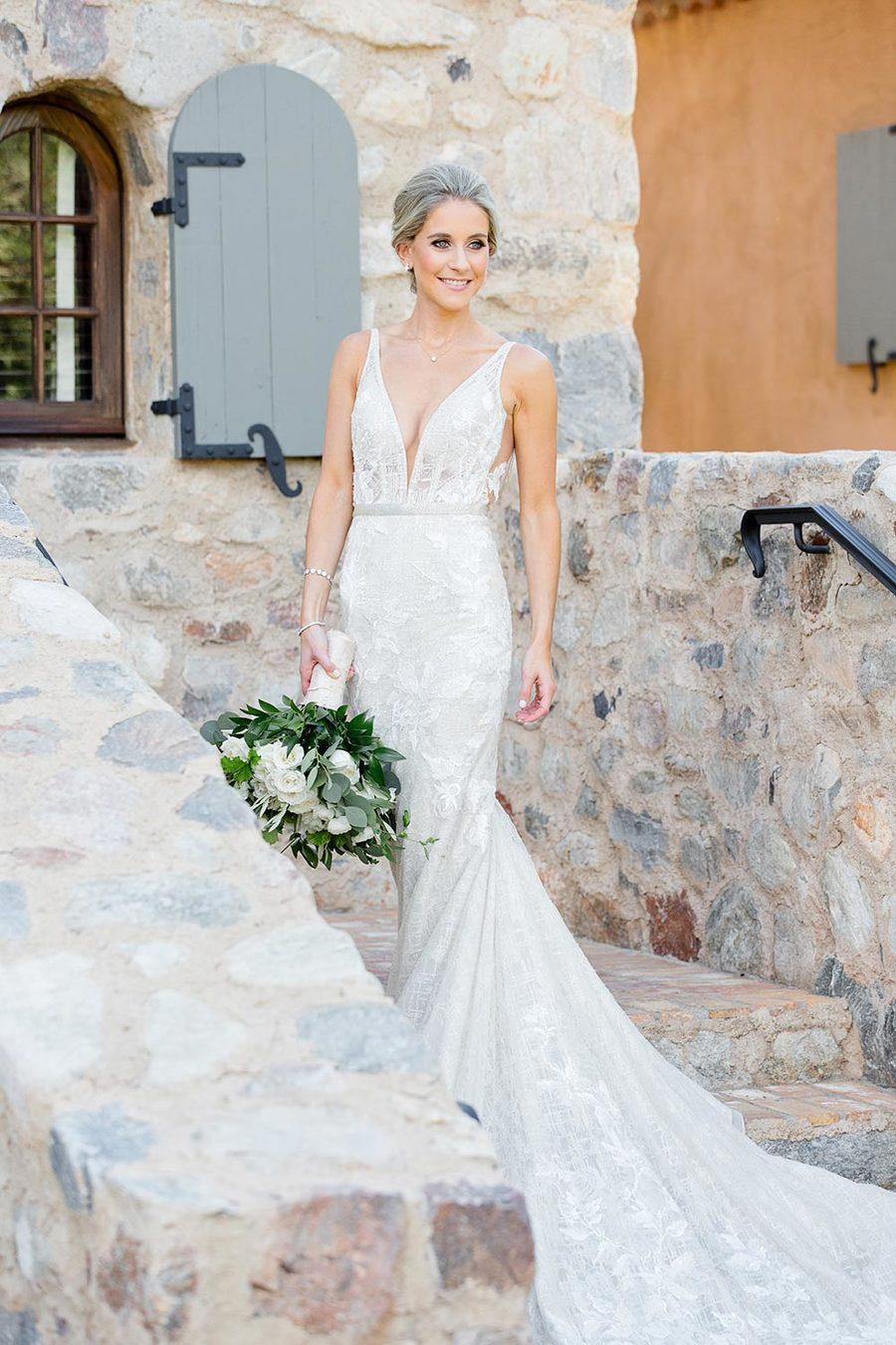designer bridal gown with plunging v-neck