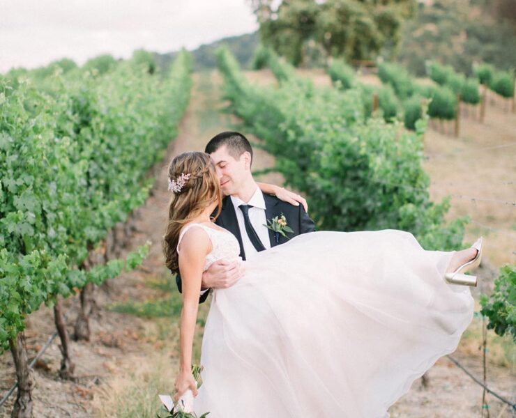 vineyard wedding bride and groom flowy wedding dress