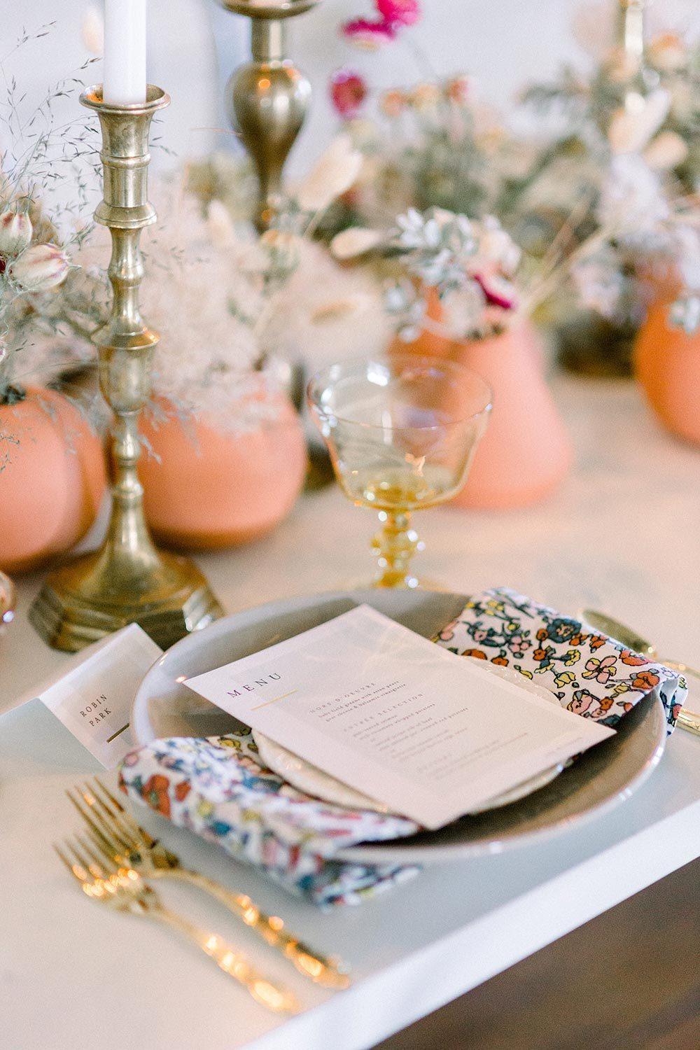 wildflower napkin wedding place setting with modern menu