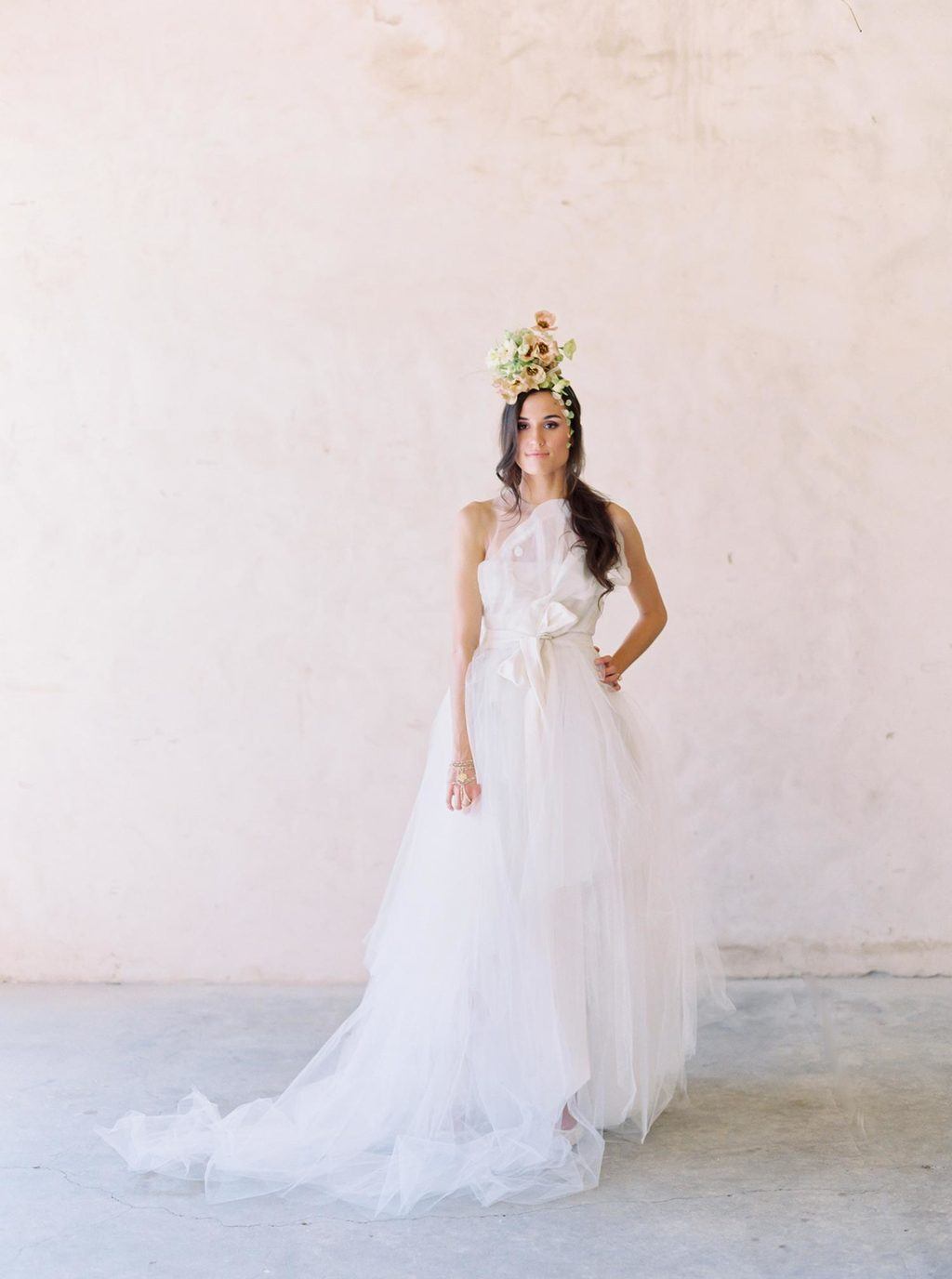 butterfly inspired wedding dress with floral headpiece