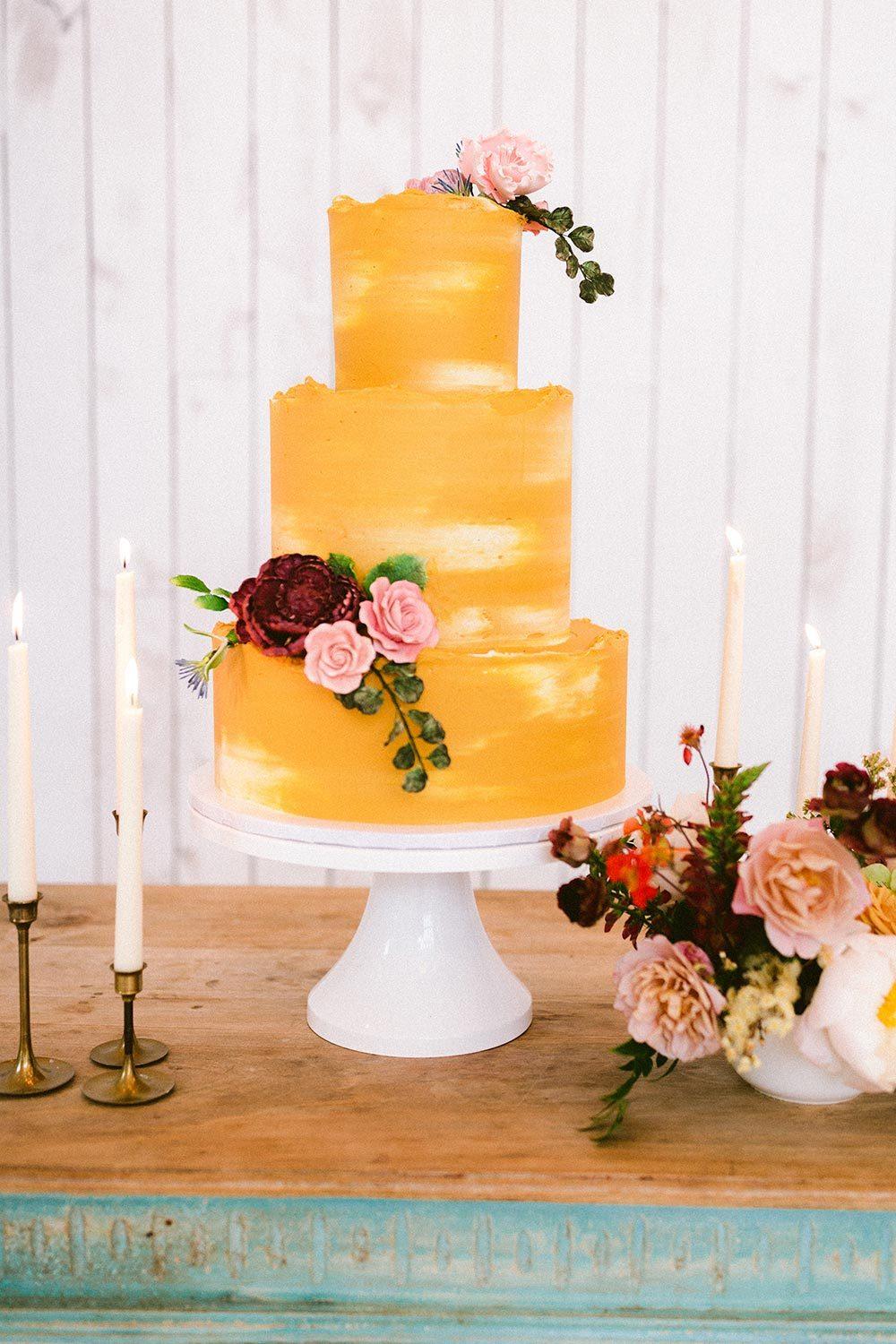 brushstroke wedding cake with ruffled edges