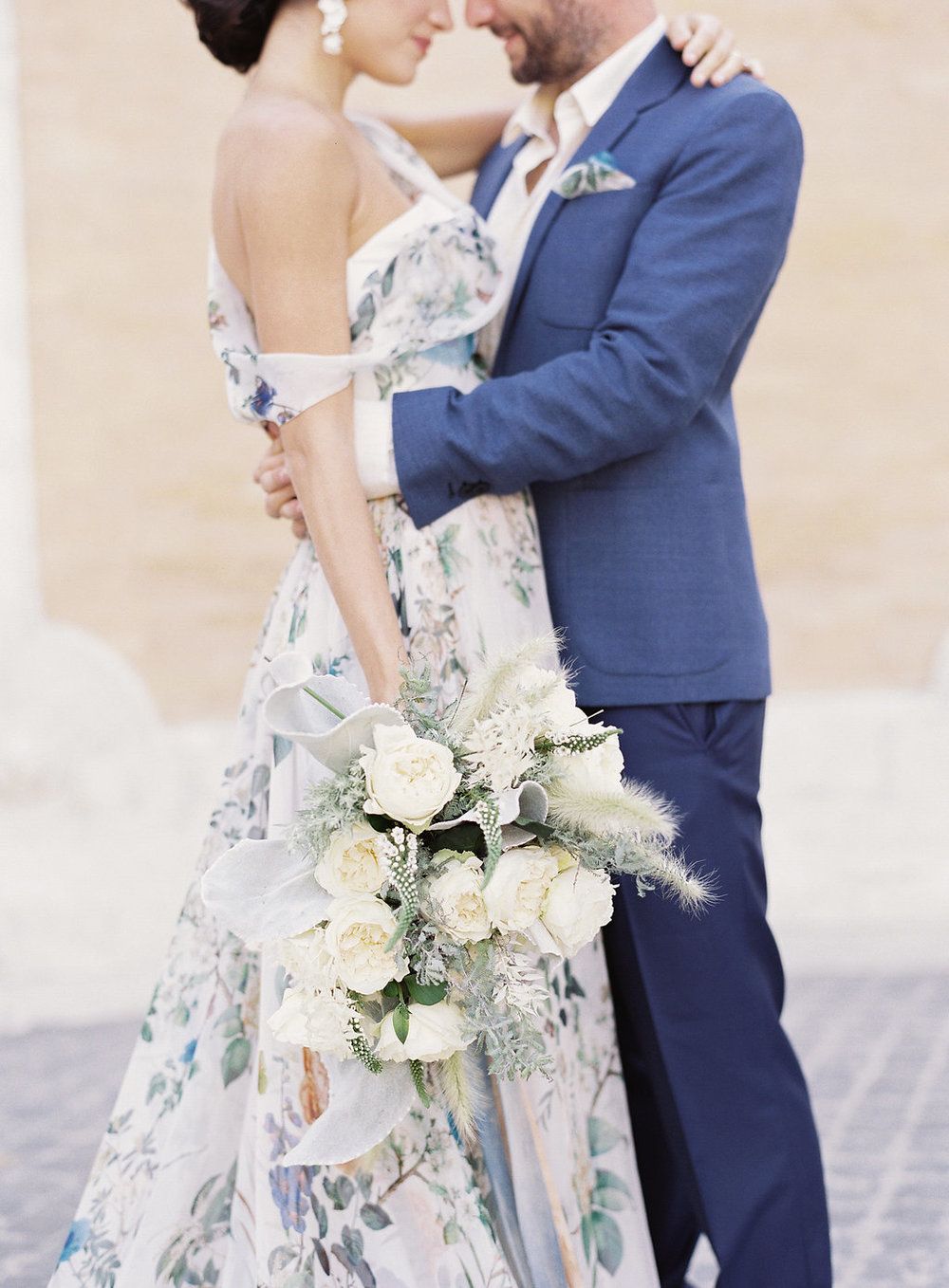 floral printed wedding dress and blue groom suit Italy elopement