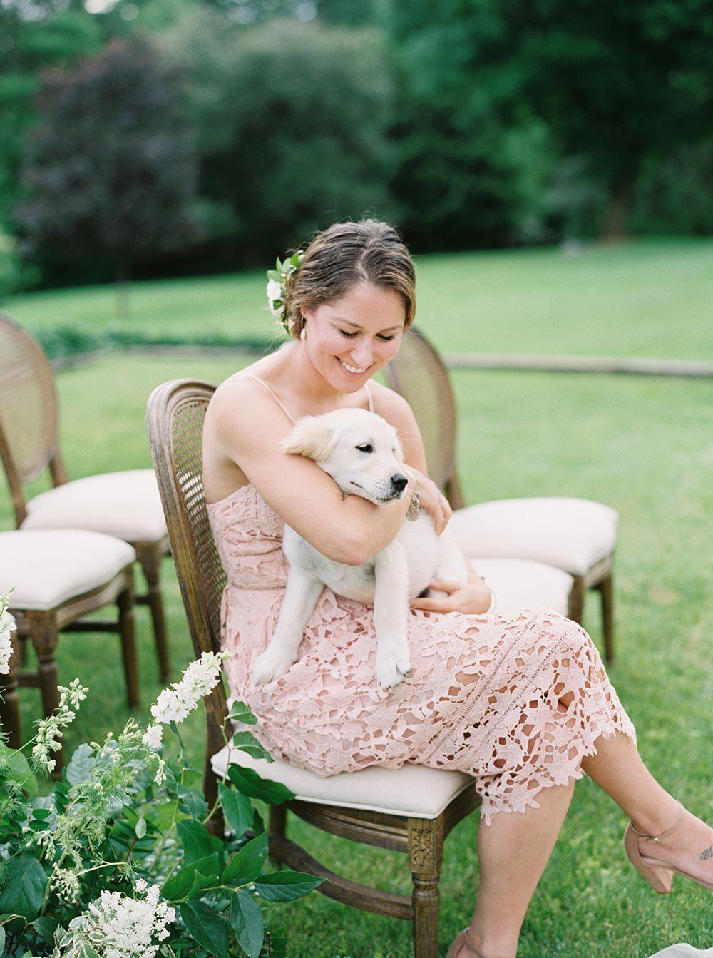 pink lace bridesmaid dress with golden retriever puppy